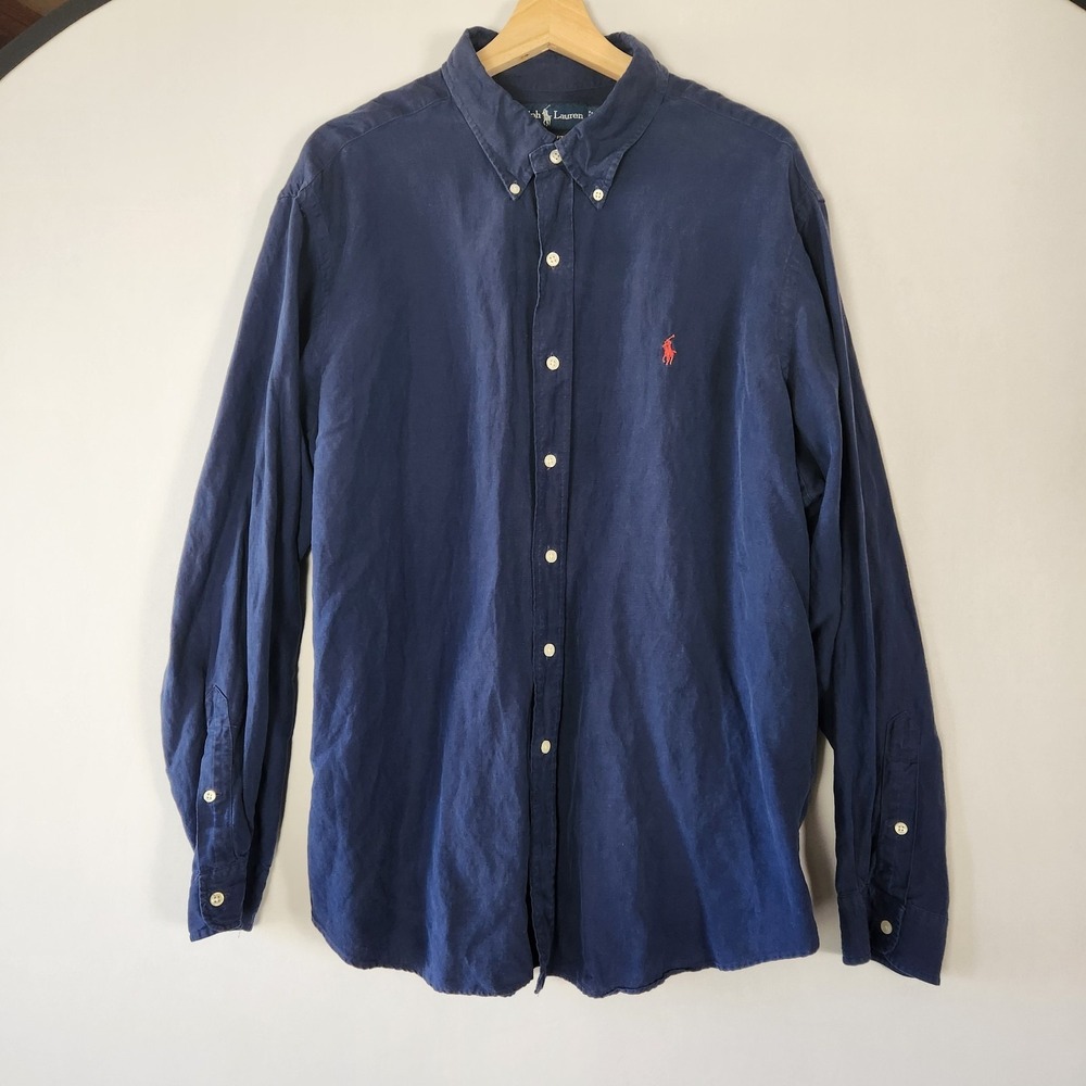 Ralph Lauren Silk Linen Blend Button Down Shirt Navy Red Pony Mens XXL 2XL